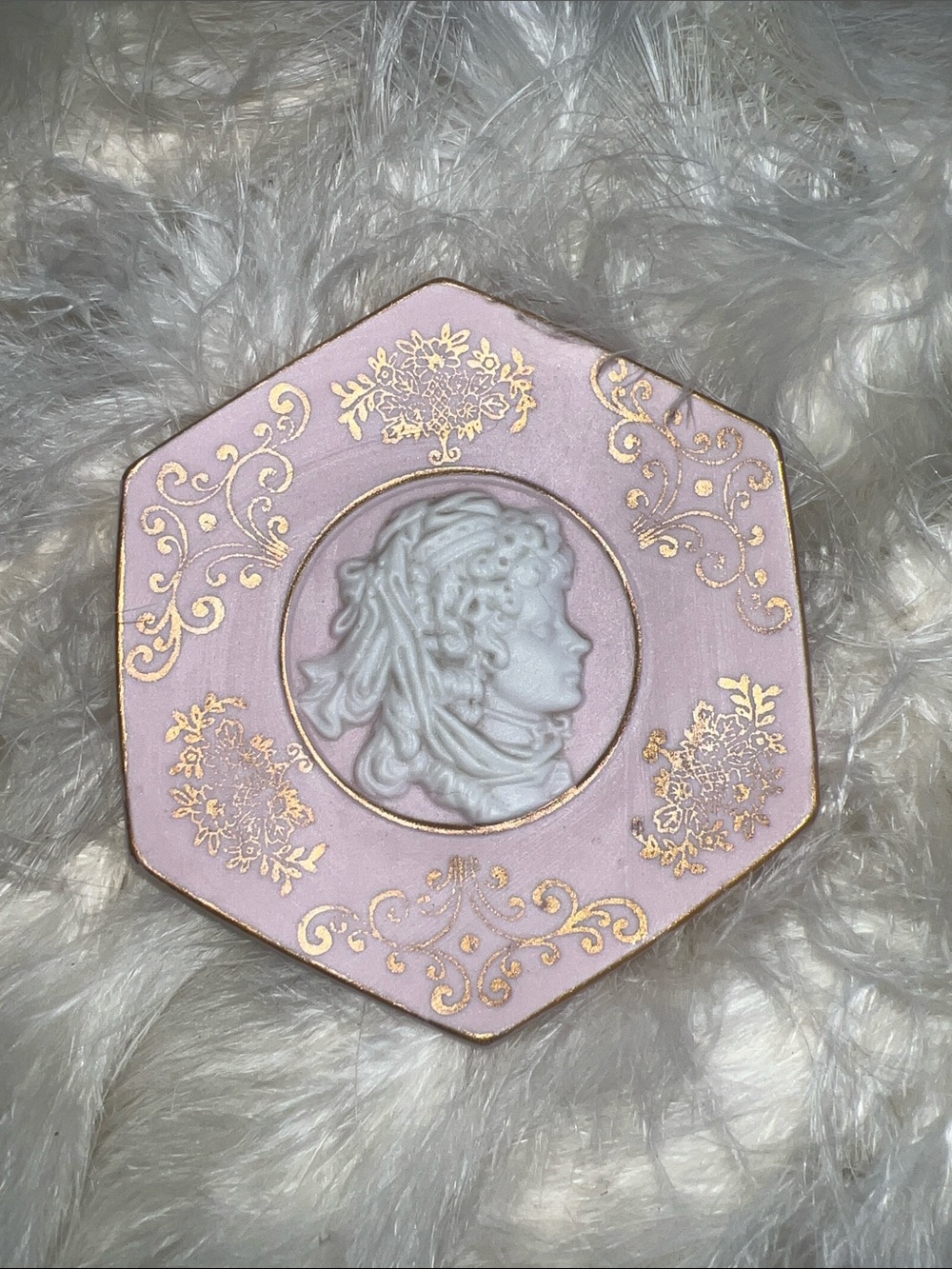 RARE Antique Vintage Ceramic Matte Pink Hexagonal Cameo Trinket Dish Gold Accent